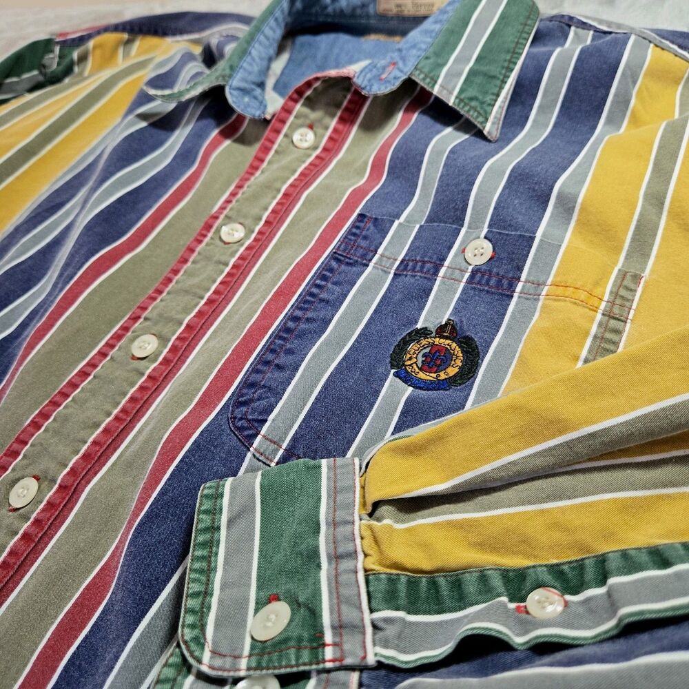 90s Guess Striped colorblock vtg Button Down Shirt Collar Crest Logo retro L